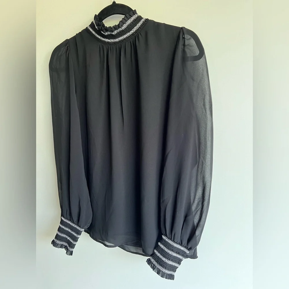 Karl Lagerfeld Paris Black Blouse Smocked Neck Puff Sheer Sleeve‎ Small